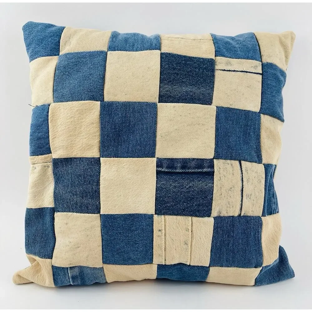 Denim Pillow Cotton Washed Blue Yellow White Decorative Punk Y2K Grunge Pocket
